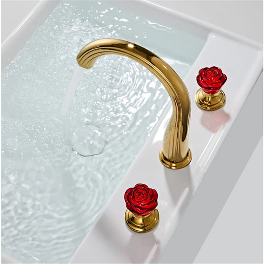 Gold Red Rose Basin Faucet Widespread Sink Tap