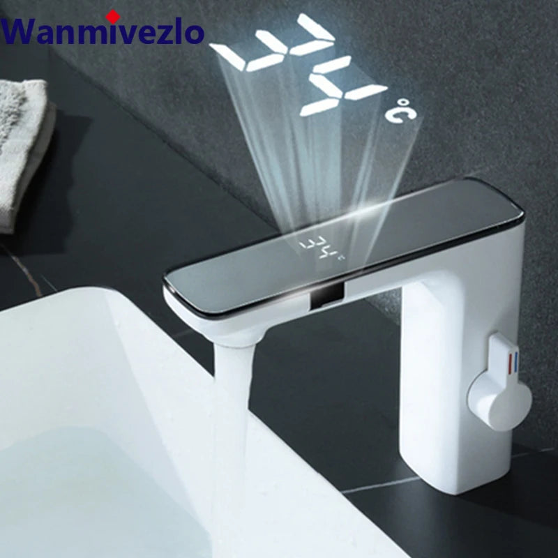 White Touchless Sensor Basin Faucet Smart Digital Display