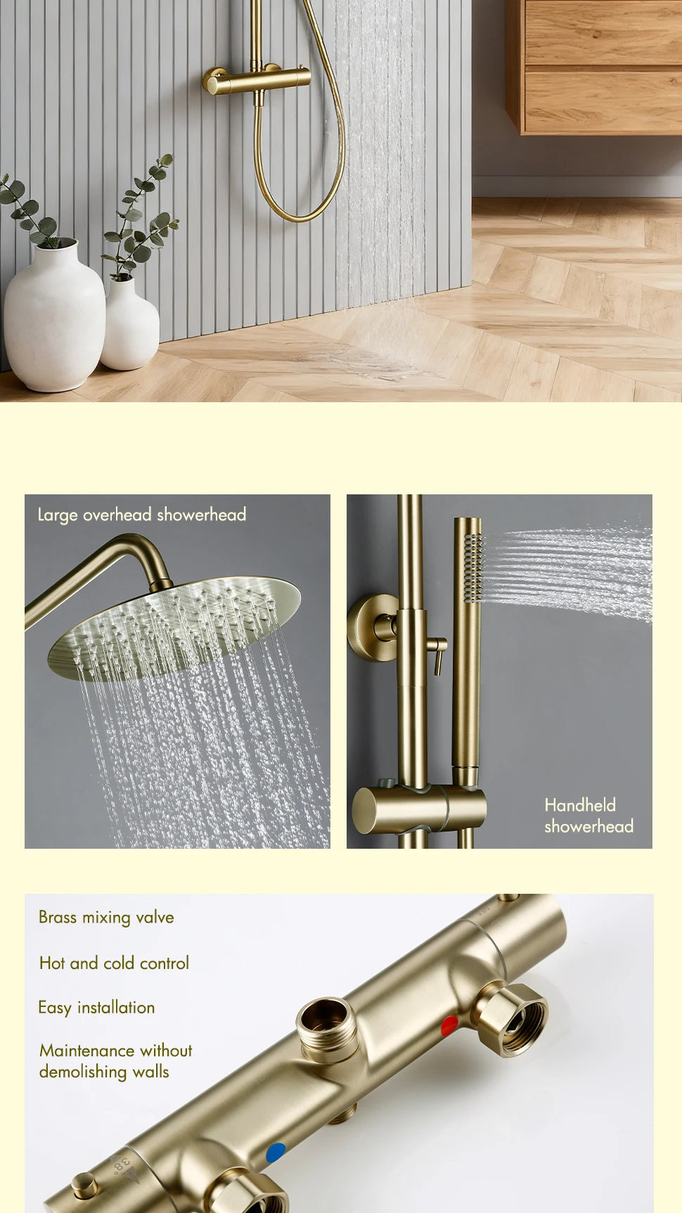 Brushed Gold Thermostatic Shower Faucets Sets Wall Mount