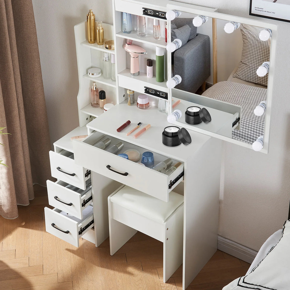 Dressing Table Mirror Led Light Storage Stool Lighting