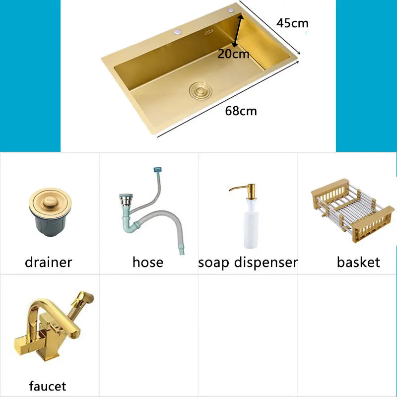 Gold Kitchens Sink Nano Handmade 304 Stainless Steel