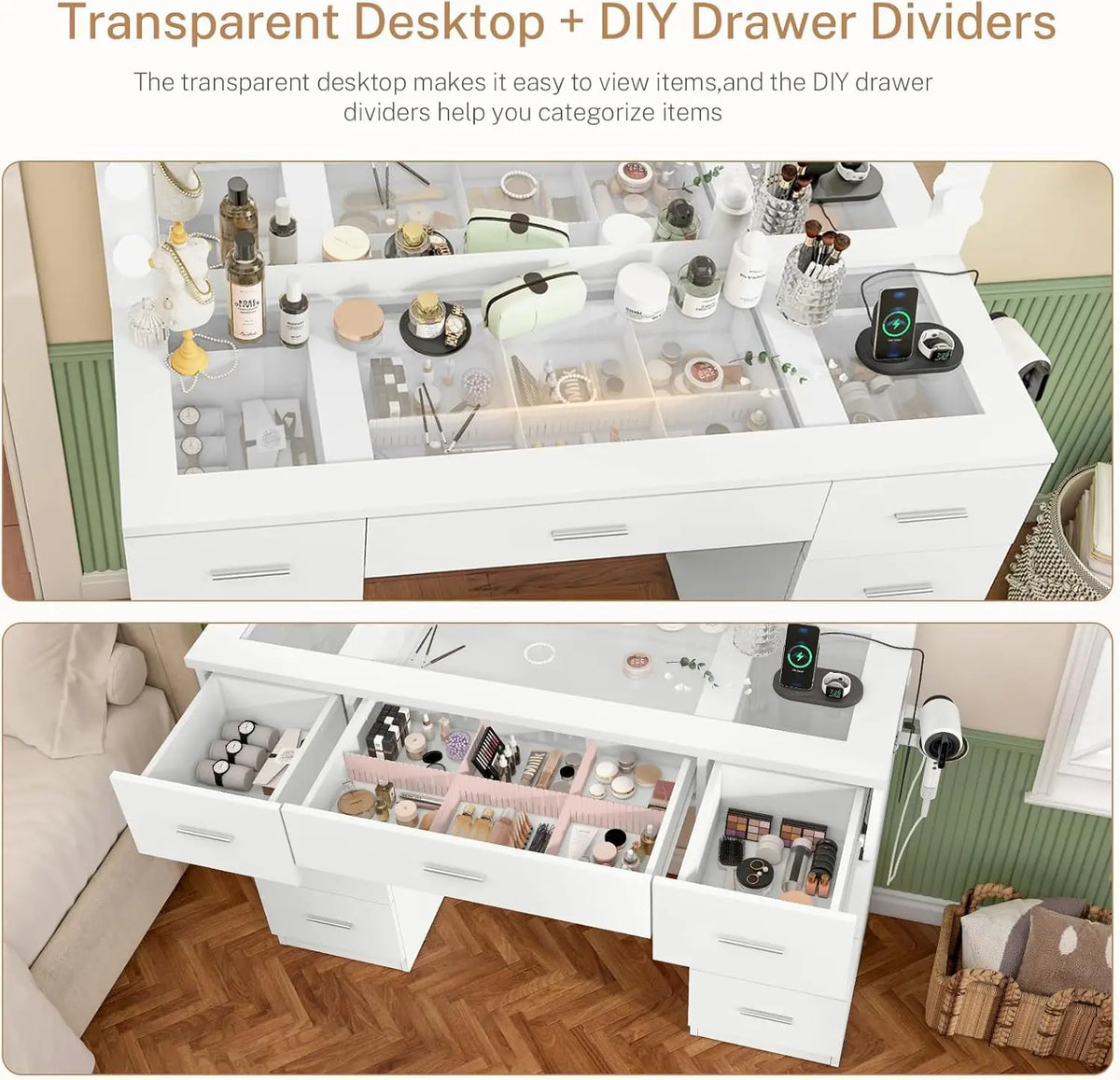 46 Vanity Desk Glass Top & Lights Mirror