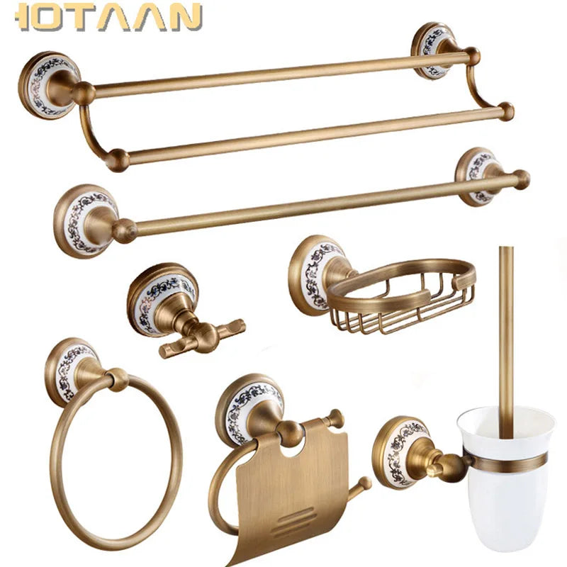 Antique Brushed Solid Brass Bathroom Sets European Porcelain