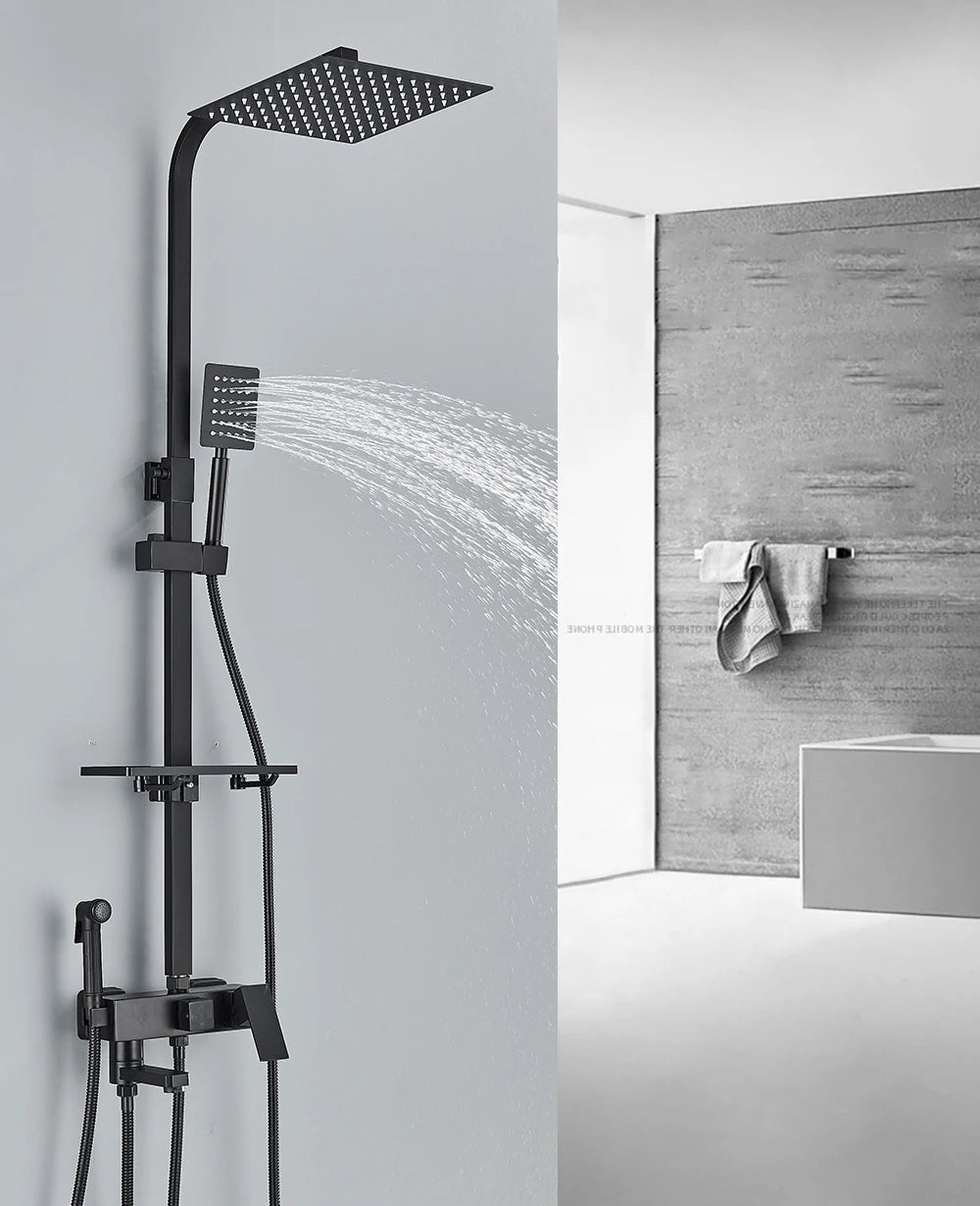 Black/Chrome Brass Shower Faucets Rainfall Shower Shelf Cold