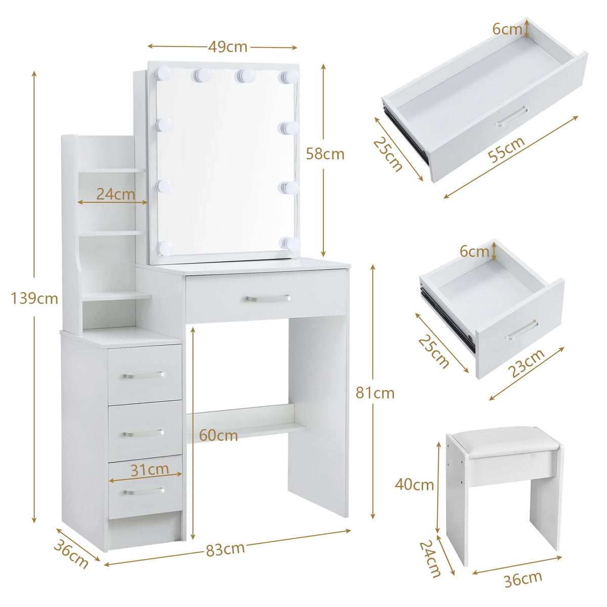 White Makeup Dressing Table W/ Lights Sliding Mirror