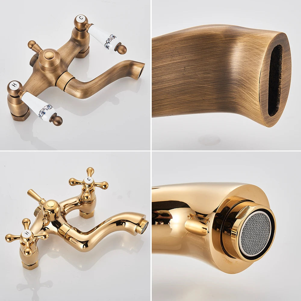 Antique Brass Floor Mounted Bathtub Shower Faucet Dual
