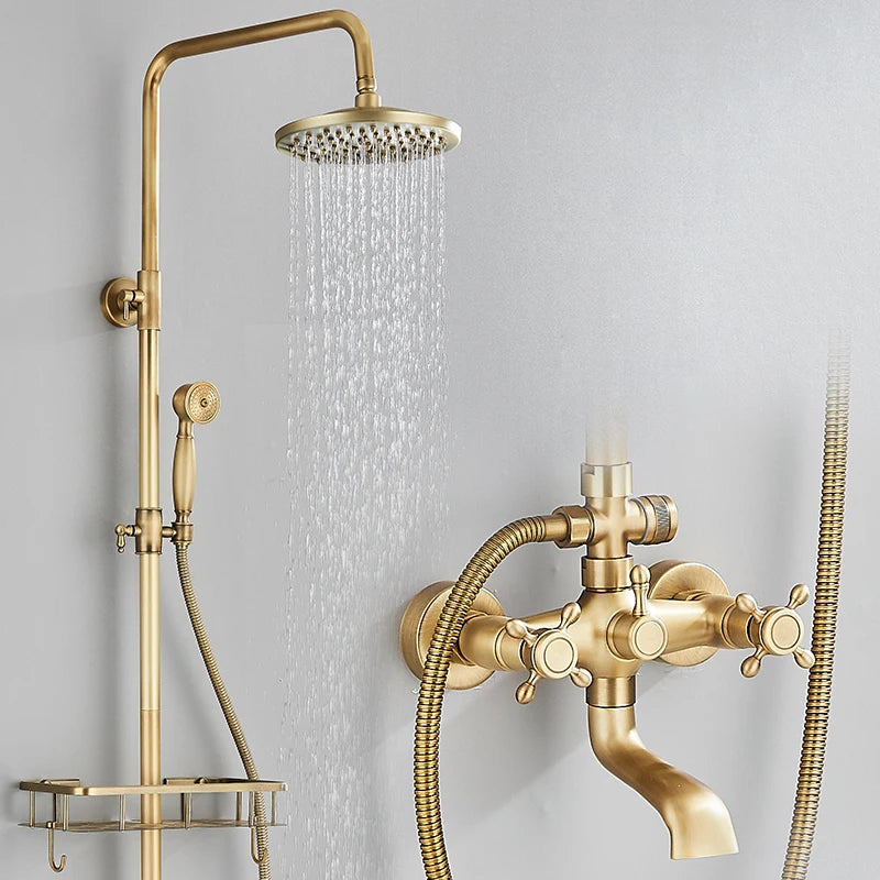 Antique Brass Wall Mounted Bathtub Shower Faucet Dual