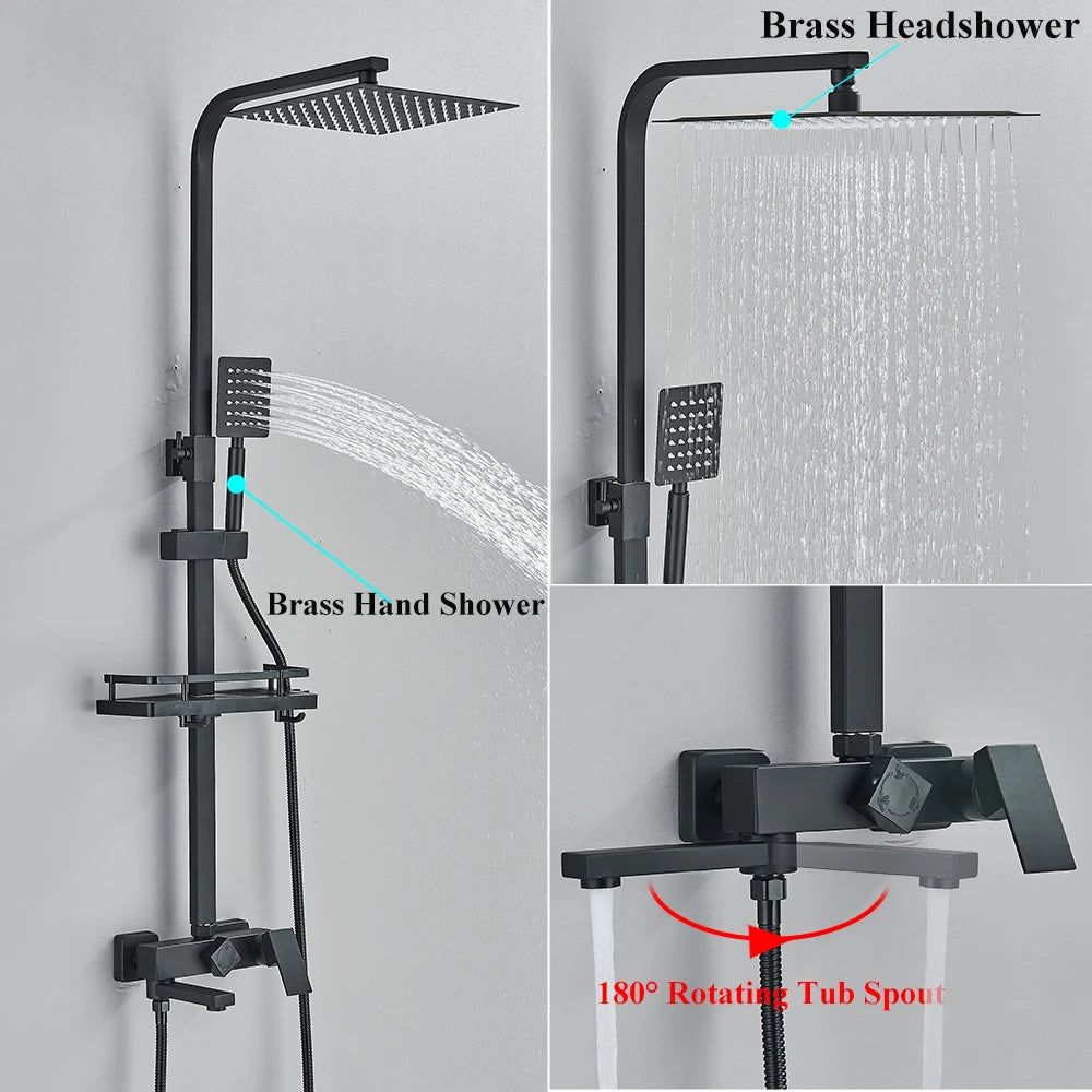 Black Brass Shower Faucet Sets Rainfall Bathtub Tap