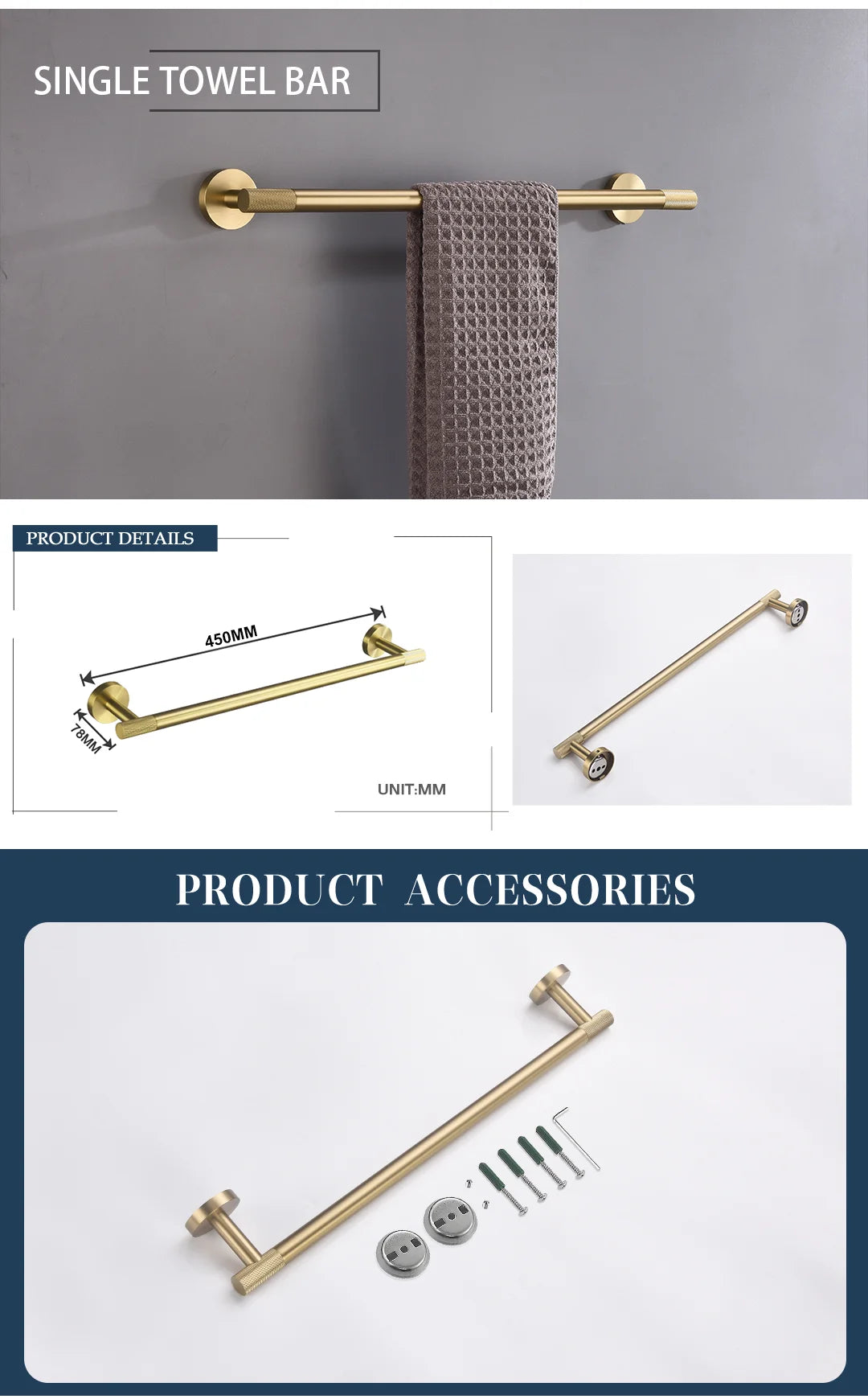 Bathroom Hardware Brushed Gold Knurled Brass Kit Towel