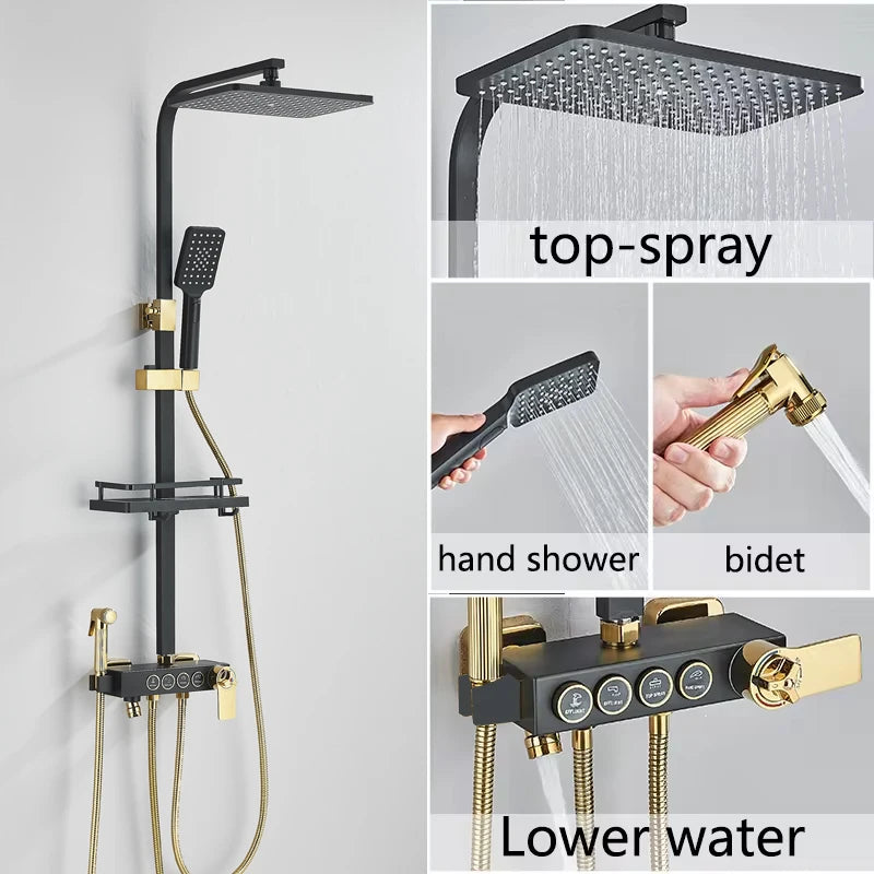 Black Gold Brass Rainfall Shower Faucet Stainless Steel
