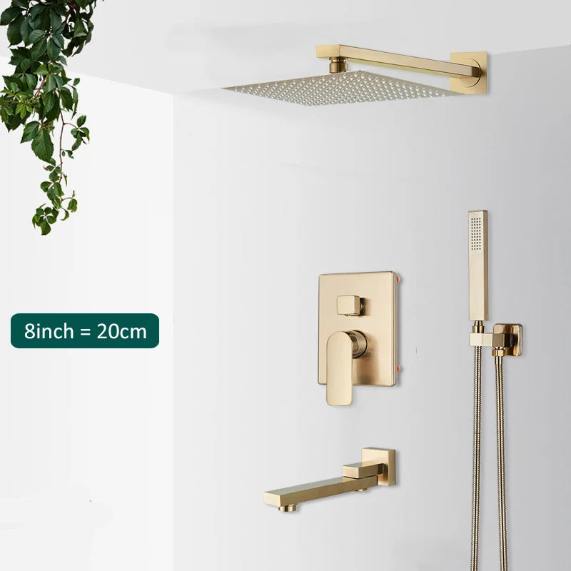 Quyanre Brushed Gold Shower Faucets Bathroom Wall Mounted