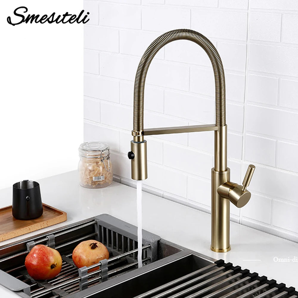 Brushed Gold Faucets Handle Pull Out Mixer Cold
