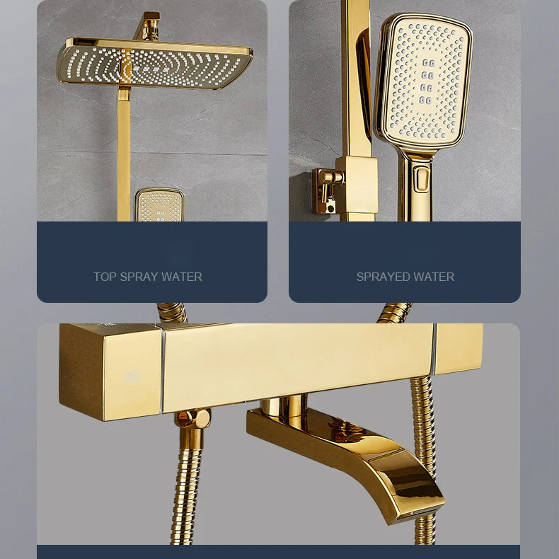Square Thermostatic Bathroom Shower Quality Brass Cold Gold