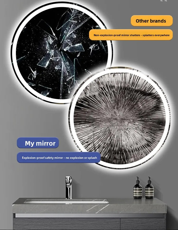 Round Smart Bathroom Mirror Wall-Mounted Led Light Touch