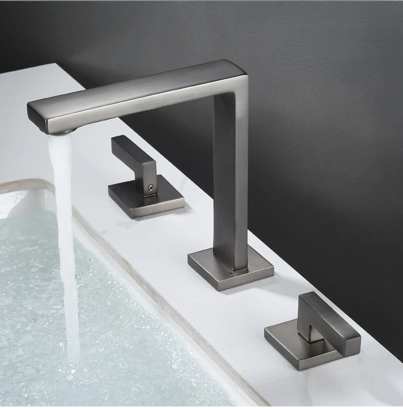 Brushed Gold Basin Faucet Solid Brass Three Hole