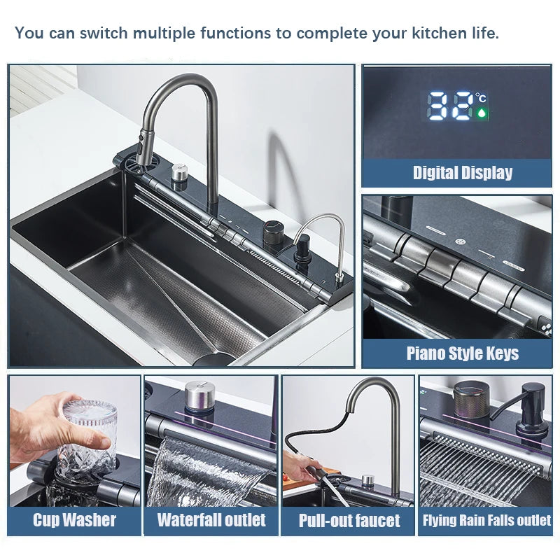 Grey Stainless Steel Waterfall Sink Large Slot Integrated