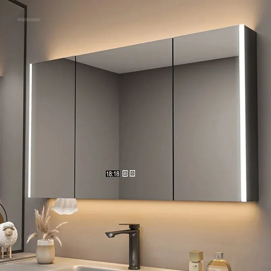 Modern Solid Wood Smart Bathroom Mirror Cabinet Light