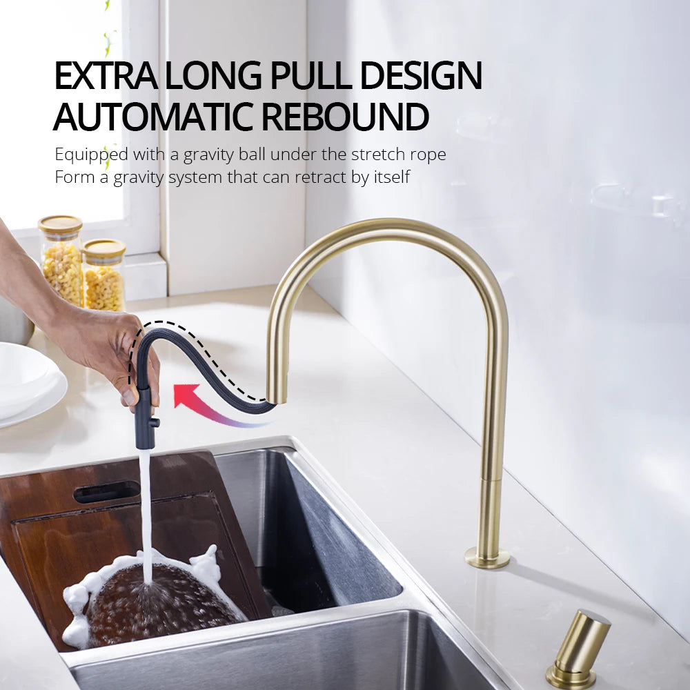 Brushed Gold Faucet Invisible Pull Out Spray Mixer