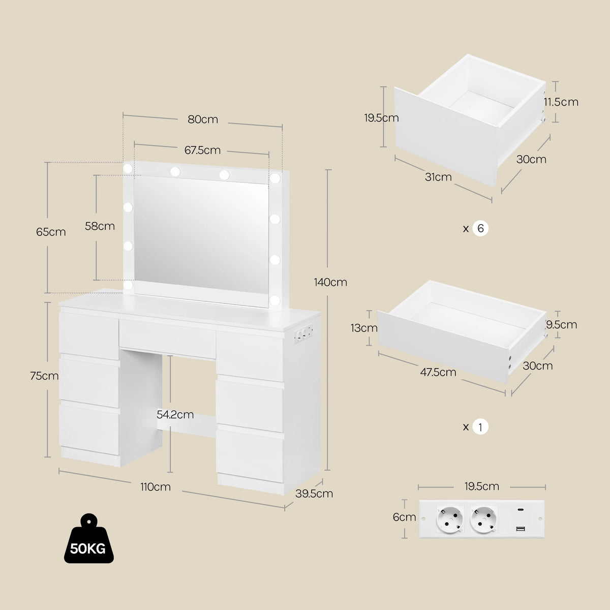 Woltu White Dressing Table Girls/Women Vanity Dresser Large