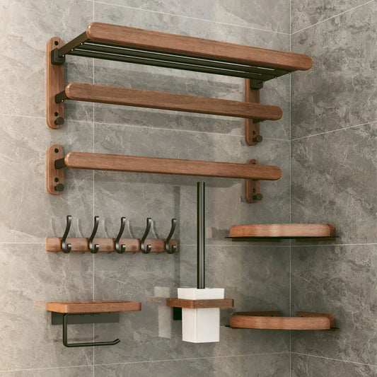 Walnut Wood Black Bathroom Hardware Bathroom Towel Rack