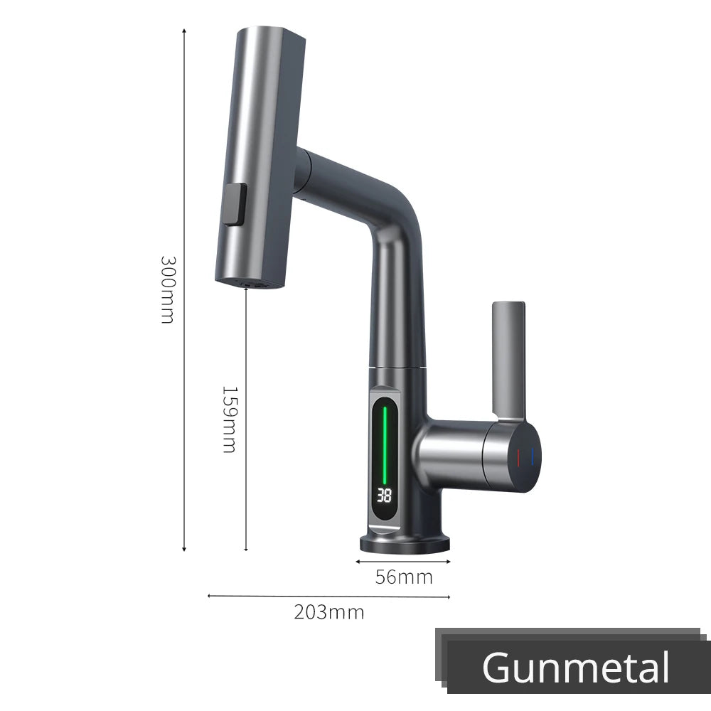 Brushed Gold Basin Faucet Lifting Pull Down Digital