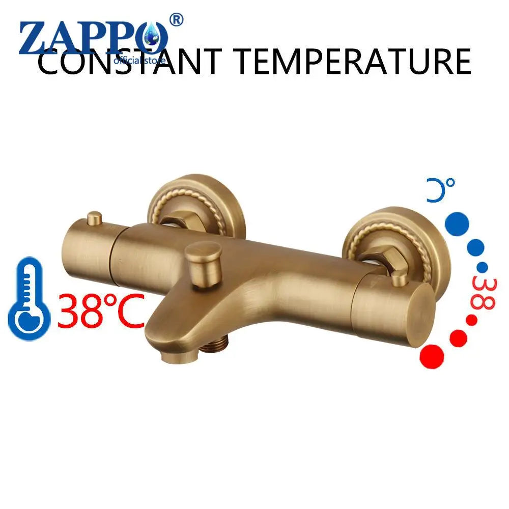 Zappo Antique Brass Bathroom Thermostatic Shower W/ Rainfall