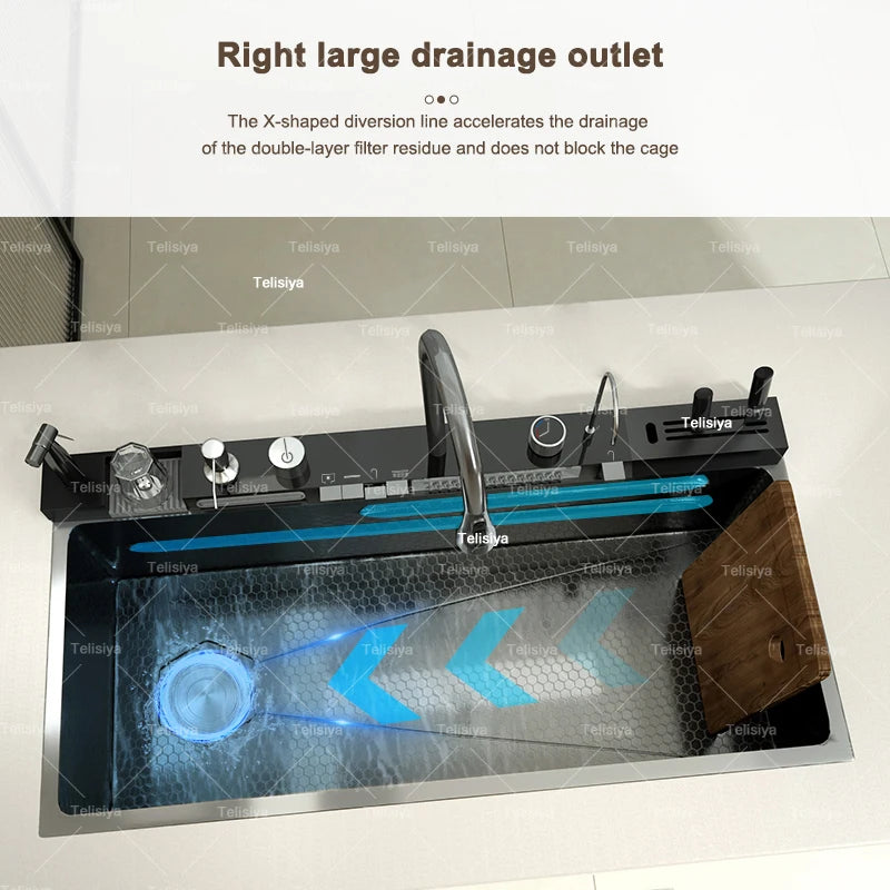 Extra Large Stainless Steel Waterfall Sink Embossed Solt