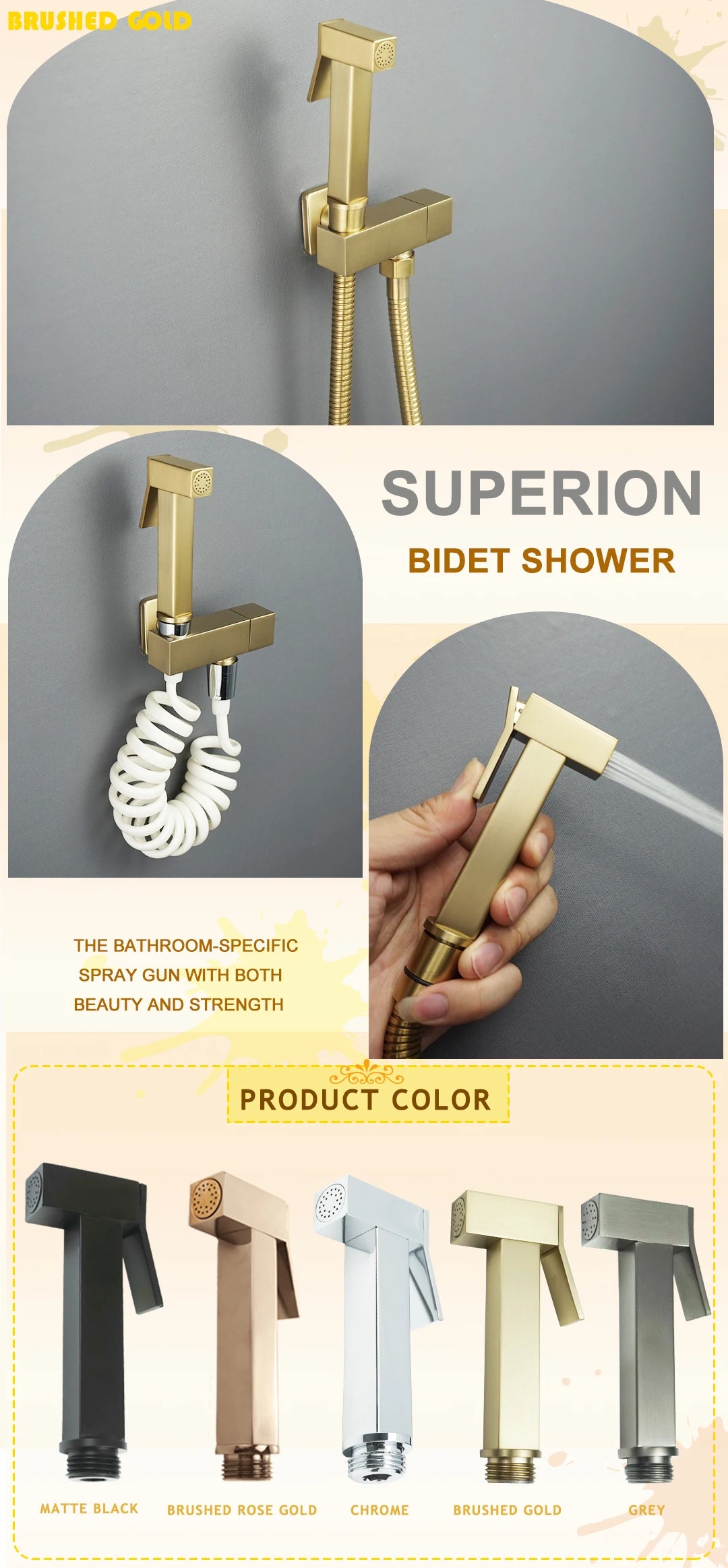 Brushed Rose Gold Brass Handheld Bidet High Voltage