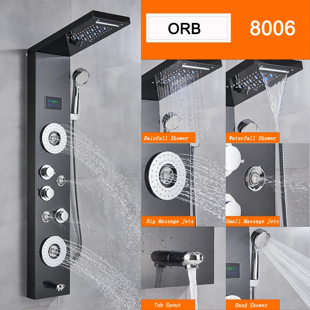 Black Led Shower Panel Column Shower Faucet Bathtub