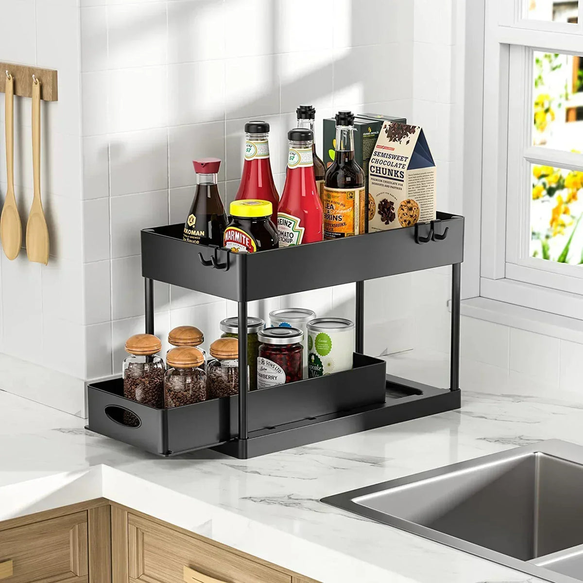 Tier Under Sink Organizer Sliding Storage Rack Hooks