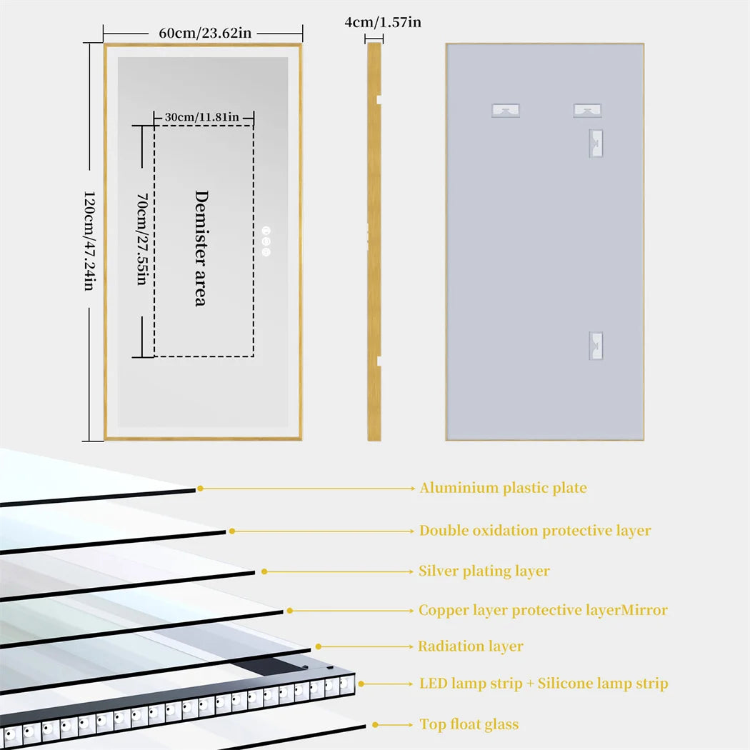 Luvodi Illuminated Bathroom Mirror Gold Frame Wall Mounted