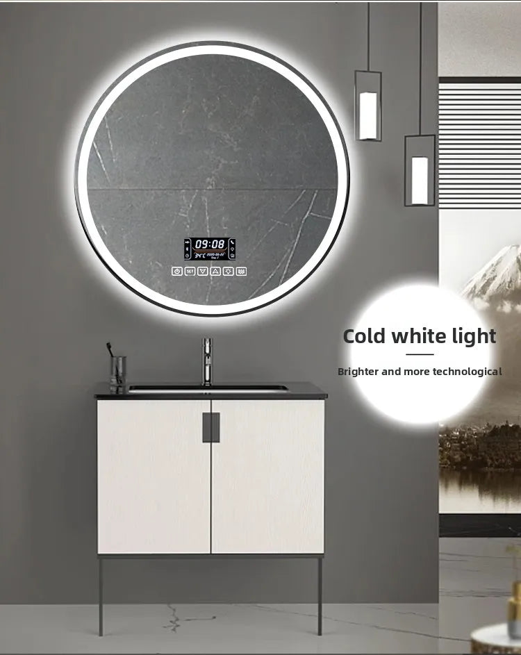 Round Smart Bathroom Mirror Wall-Mounted Led Light Touch