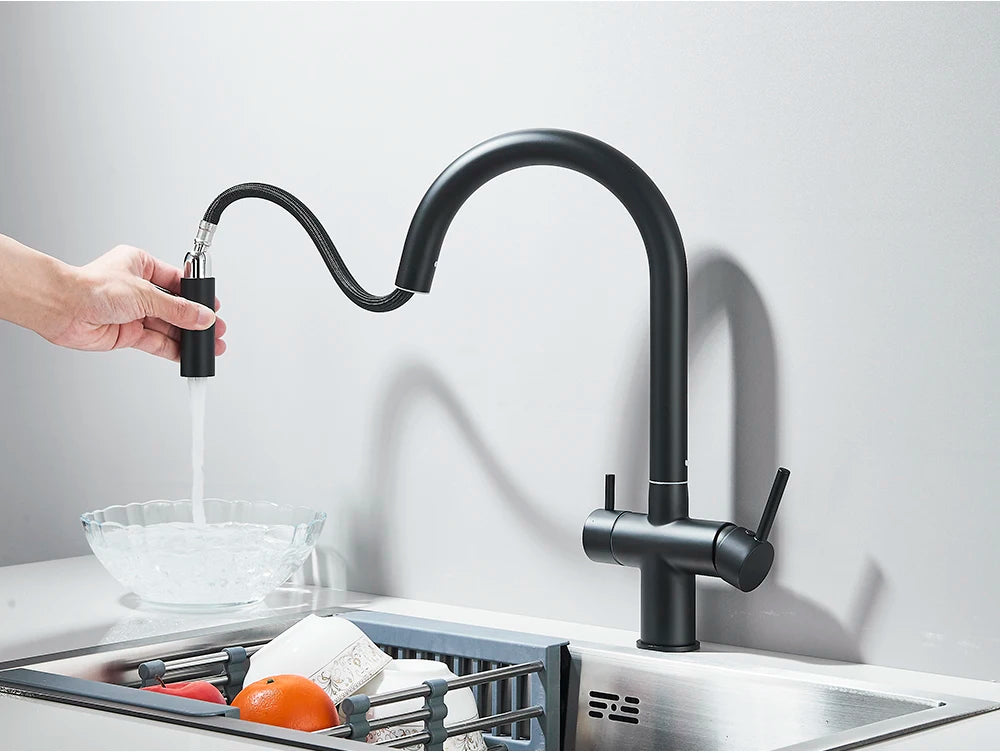 Brushed Gold Water Filter Faucet Dual Spout Pure