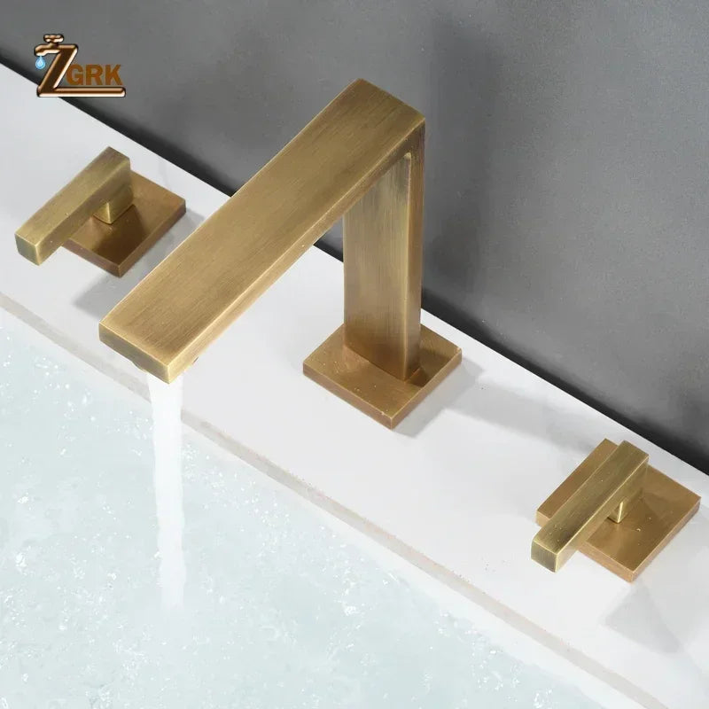 Brushed Gold Basin Faucet Solid Brass Three Hole