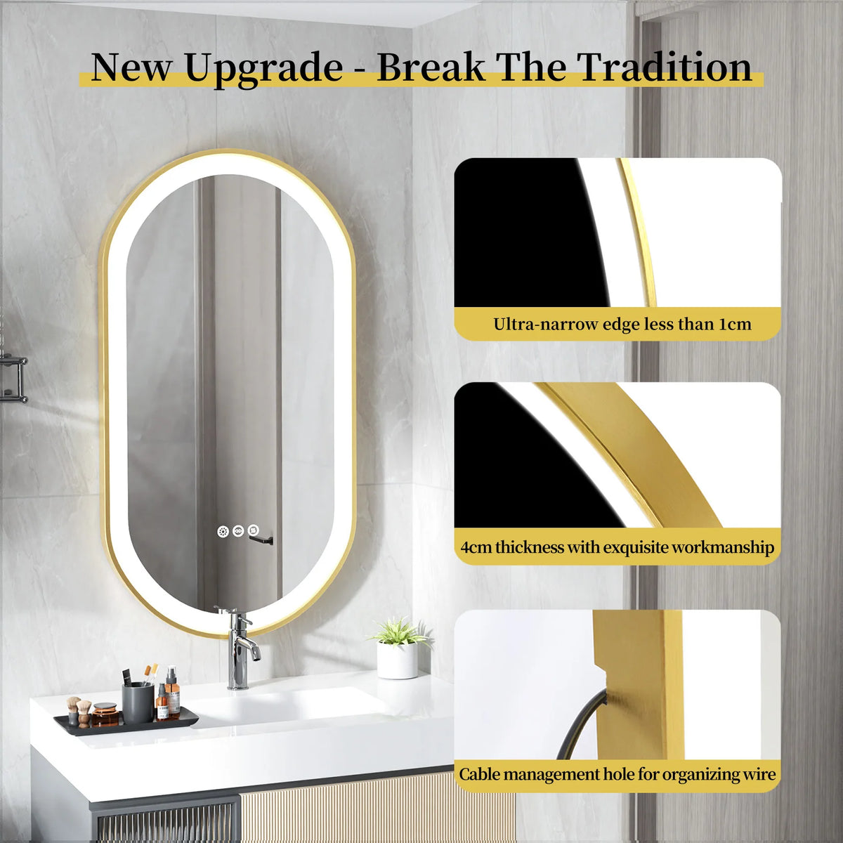Large Led Oval Bathroom Mirror Stepless Dimmable Lighted