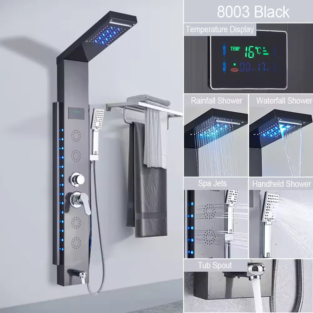 Led Shower Panel Waterfall Rain Temperature Digital Display