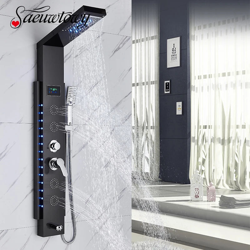 Black Wall-Mounted Shower Panel Shower Column Waterfall Nozzle