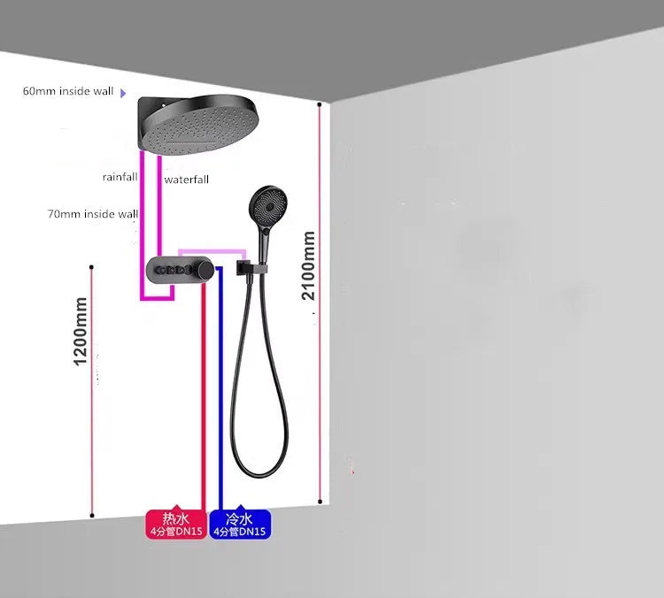 Rainfall Shower Wall Mounted Gray Thermostatic Shower Faucet