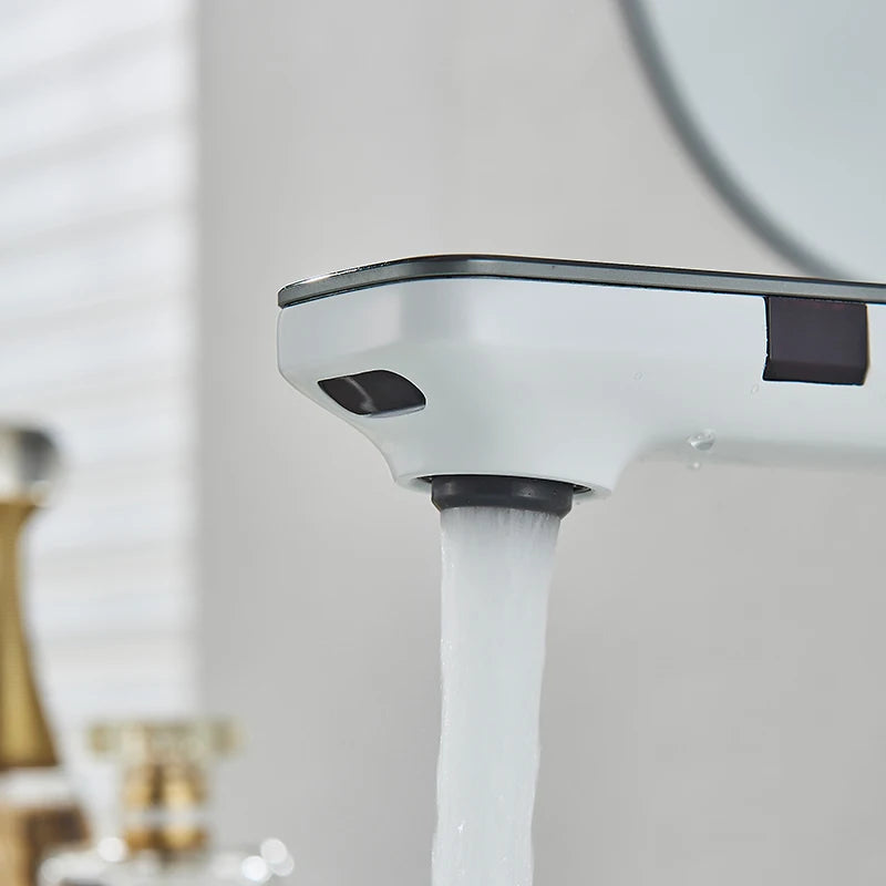 White Touchless Sensor Basin Faucet Smart Digital Display