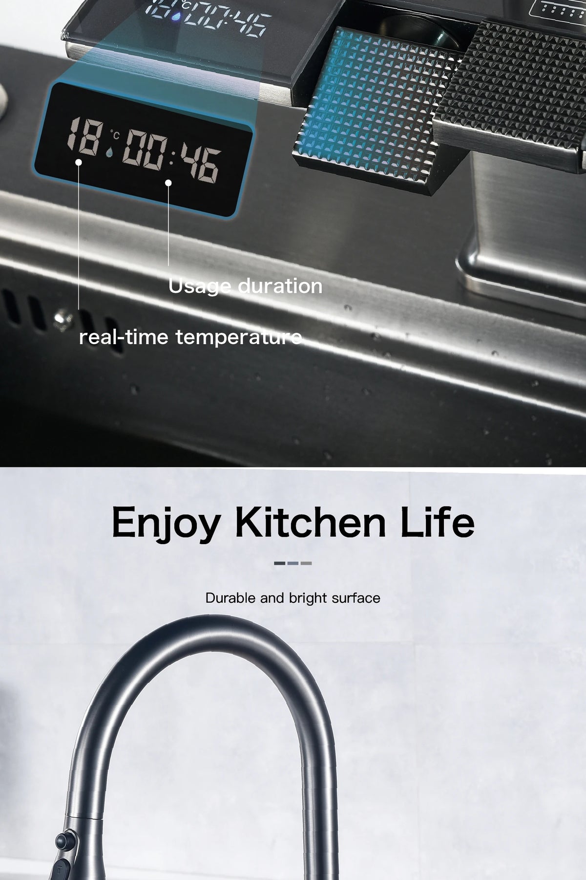 Luxury Digital Display Brass Grey Faucet Pull-Out Design