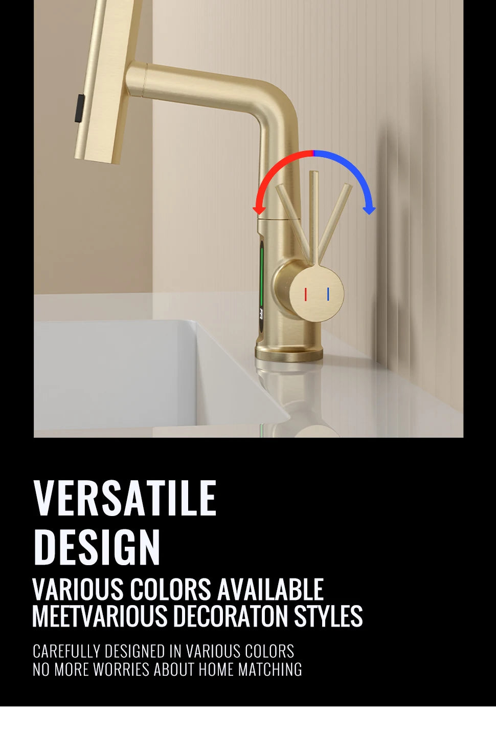 Brushed Gold Basin Faucet Lifting Pull Down Digital