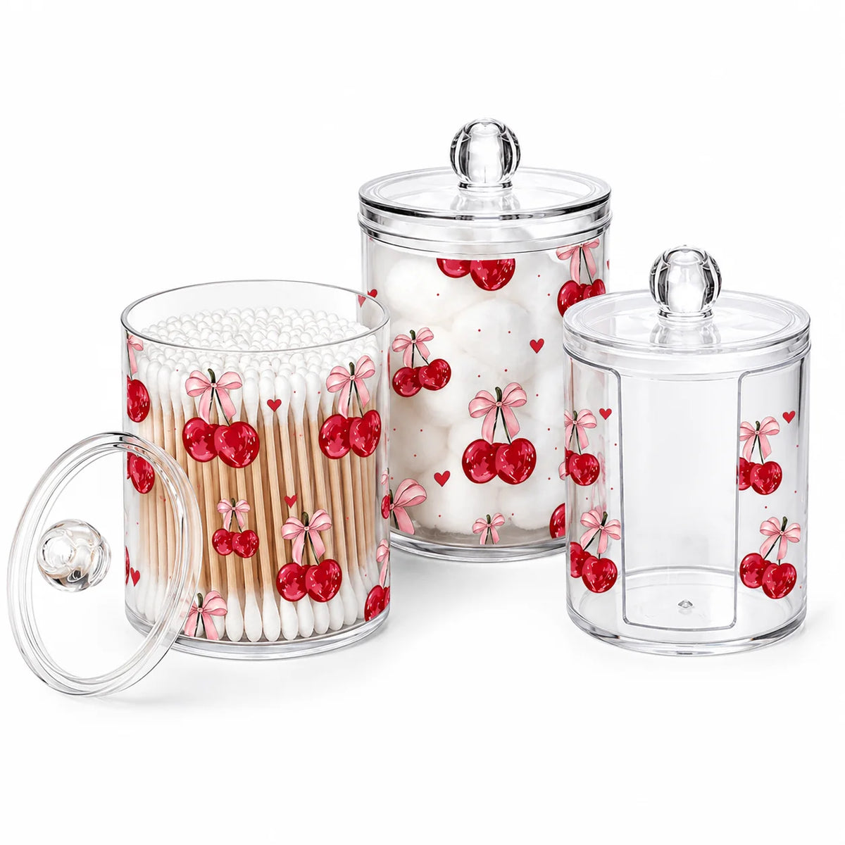 Cherry Print Clear Acrylic Cotton Swab Holder Lid