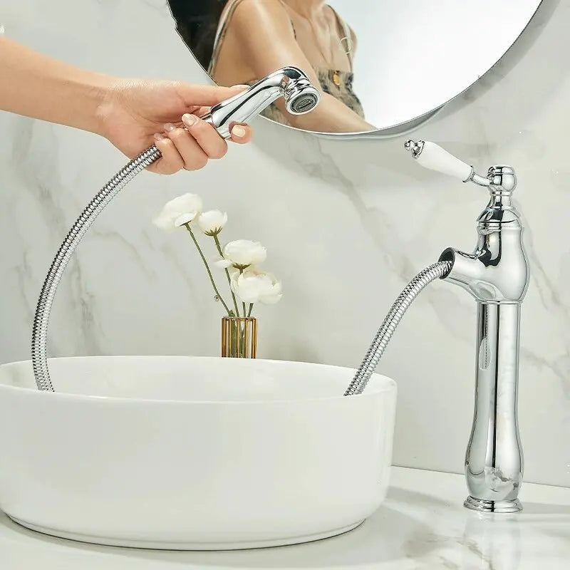 Gold Bathroom Ceramic Handle Basin Faucets Pull Out