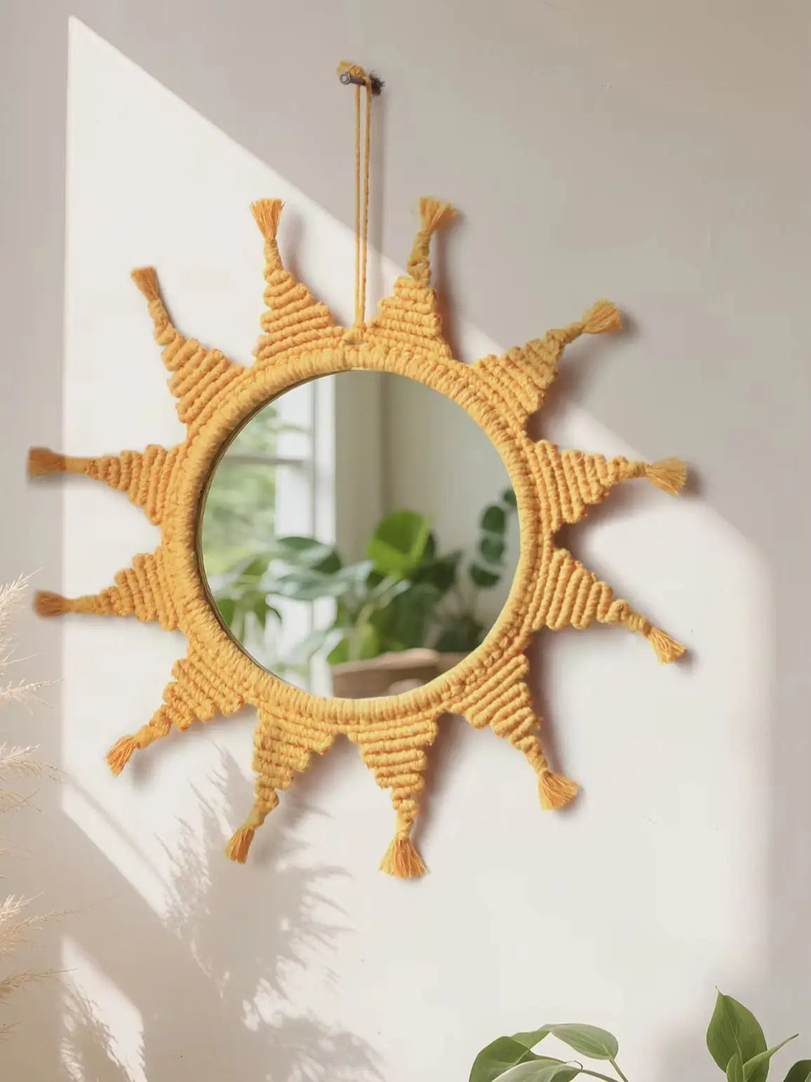 Handmade Yellow Sun Wall Mirror Boho Macrame Wall