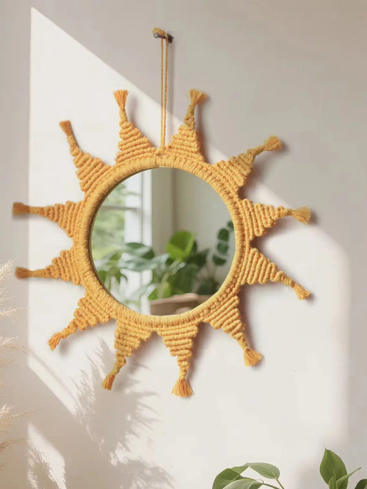 Handmade Yellow Sun Wall Mirror Boho Macrame Wall