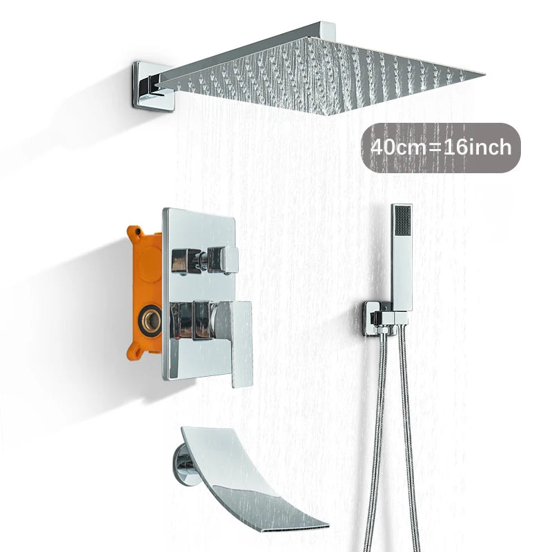 Chrome Concealed Bathroom Rain Waterfall Shower Faucets Wall