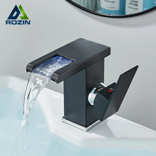 Rozin Led Bathroom Basin Faucet Black Waterfall Sink