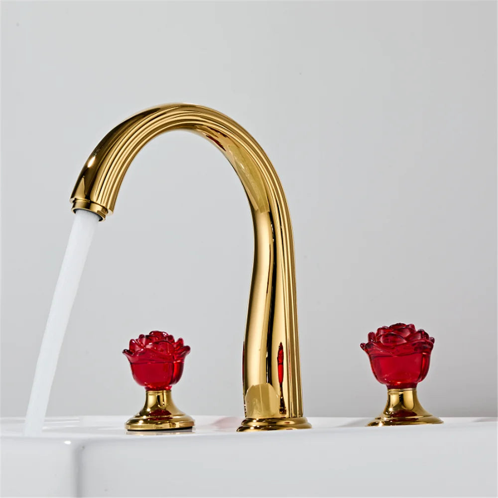Gold Red Rose Basin Faucet Widespread Sink Tap