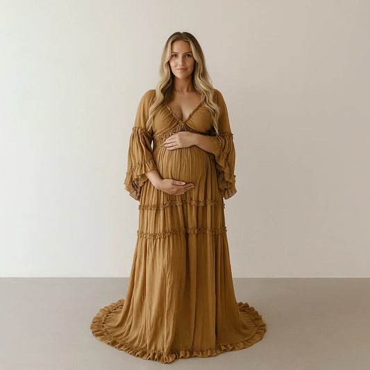 Boho Flowy Maternity Dress Photoshoot Long Sleeve Ruffle