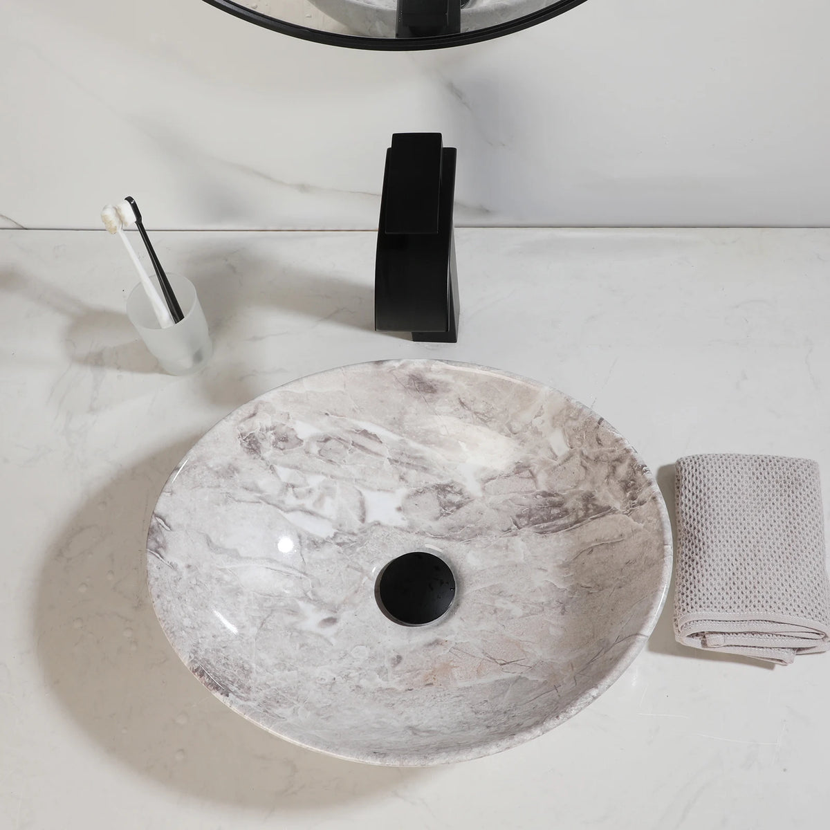 Kemaidi Oval Vessel Sink Faucet White Marbling Bathroom